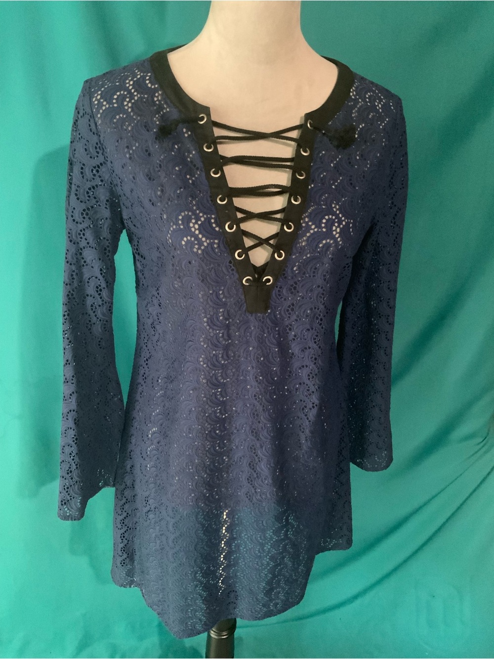 Tibi Navy Eyelet Lace Lace-Up Feminine Tunic Dress, NWOT